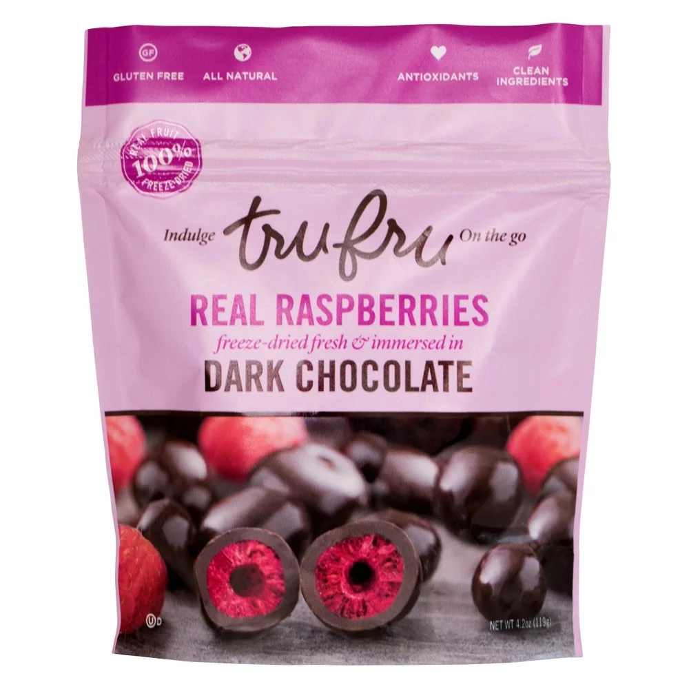 Tru Fru Dark Chocolate Dipped Freeze-Dried Real Raspberries, 4.2oz (Pack of 32)