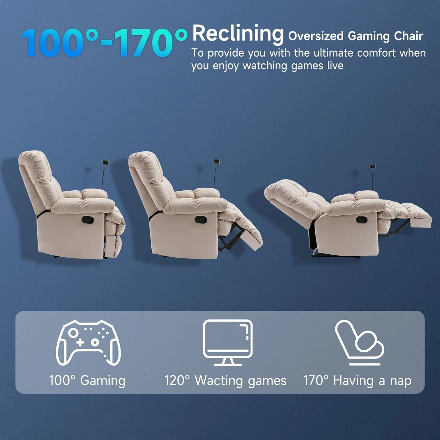 hzlagm Home Oversized Velvet Manual Chair Recliner Overstuffed Arms and Back for Home Theater Living Room Beige - Radiant Selections