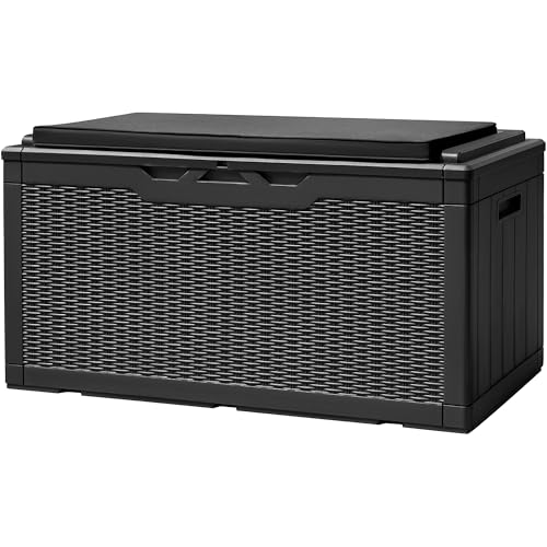 Devoko 120 Gallon Deck Box Resin Outdoor Storage Box Waterproof for Patio, Large Outdoor Storage Bench Lockable for Outside (Black)