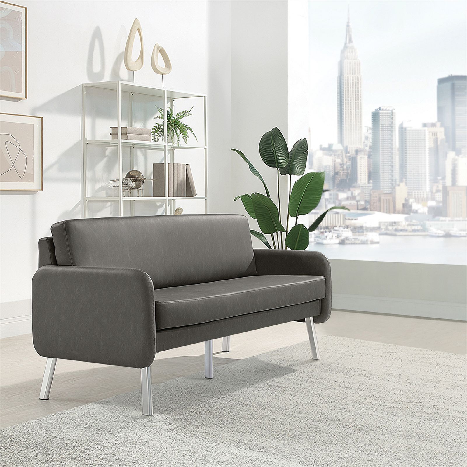 Lounge Sofa in Smoke Faux Leather with Chrome Legs