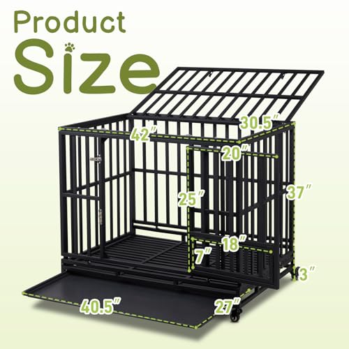 Outvita Heavy Duty Dog Crate,42" Large Metal Wire Dog Kennel, Chew Proof Dog Cage with Lockable Wheels, Plastic Try