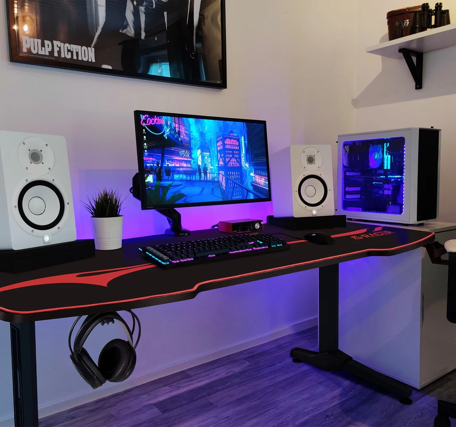 VINEEGO 55 inch Large Surface T-Shaped Legs Gaming Desk with Free Mouse Pad, Gaming Handle Rack, Cup Holder & Headphone Hook