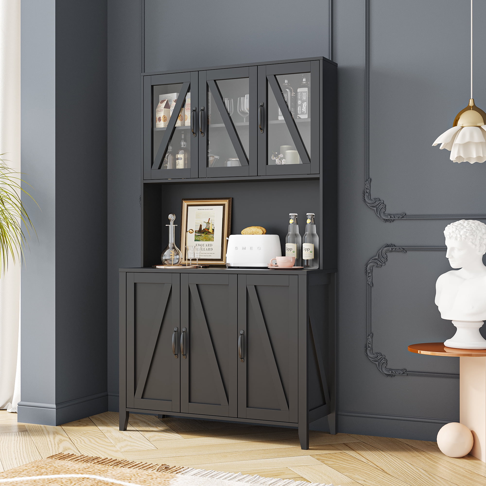 paproos Buffet Cabinet with Hutch, Kitchen Pantry Storage Cabinet, Black Sideboard for Kitchen, Storage Microwave Cabinet with Storage Space