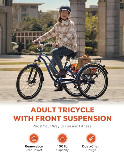 Viribus Adult Tricycle, Tricycle for Adults with Front Suspension and Removable Basket, 24 26 Inch 3 Wheel Bike for Adults 7 Speed Dual Chain