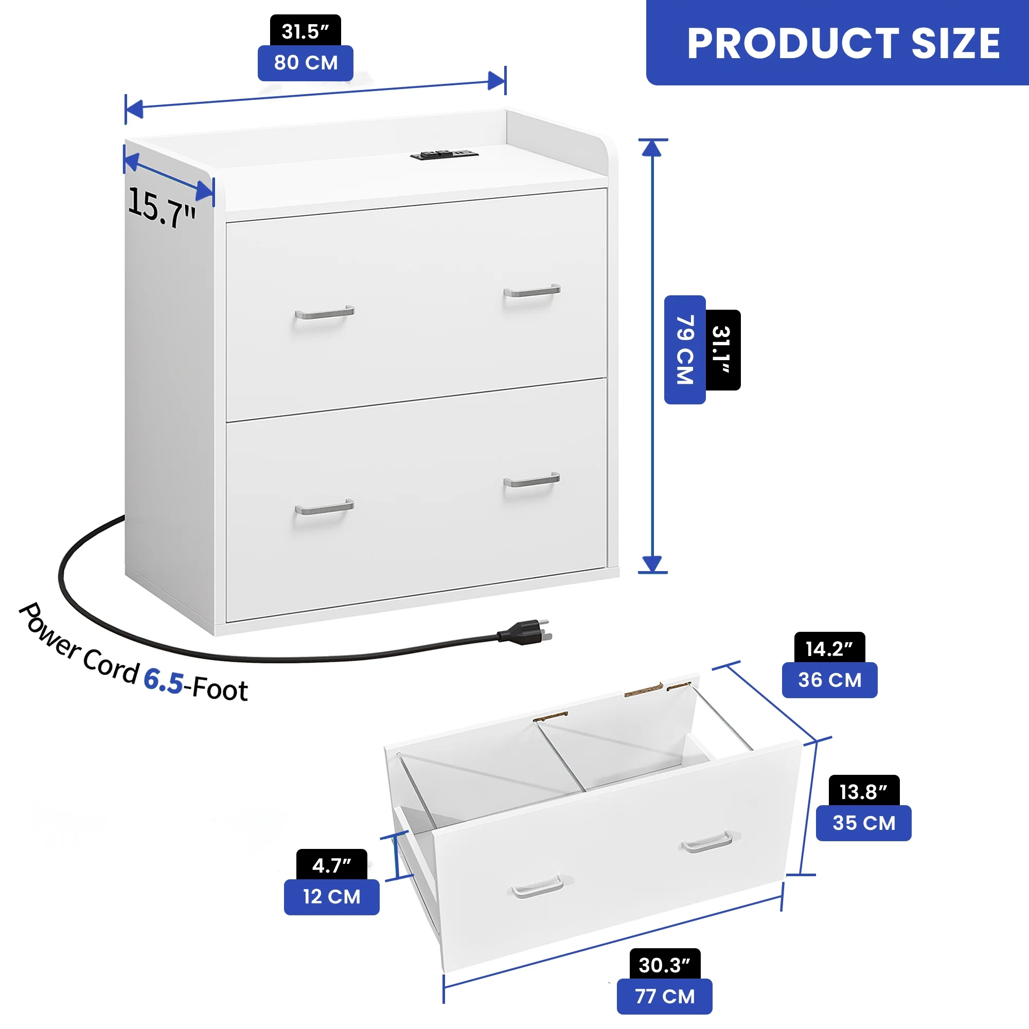 ModFusion 2-Drawer, 4-Metal Drawer Handle A4 Legal Letter Files Organizer Wood Cabinet with Charging Hub Station, White - Curated Treasures Market