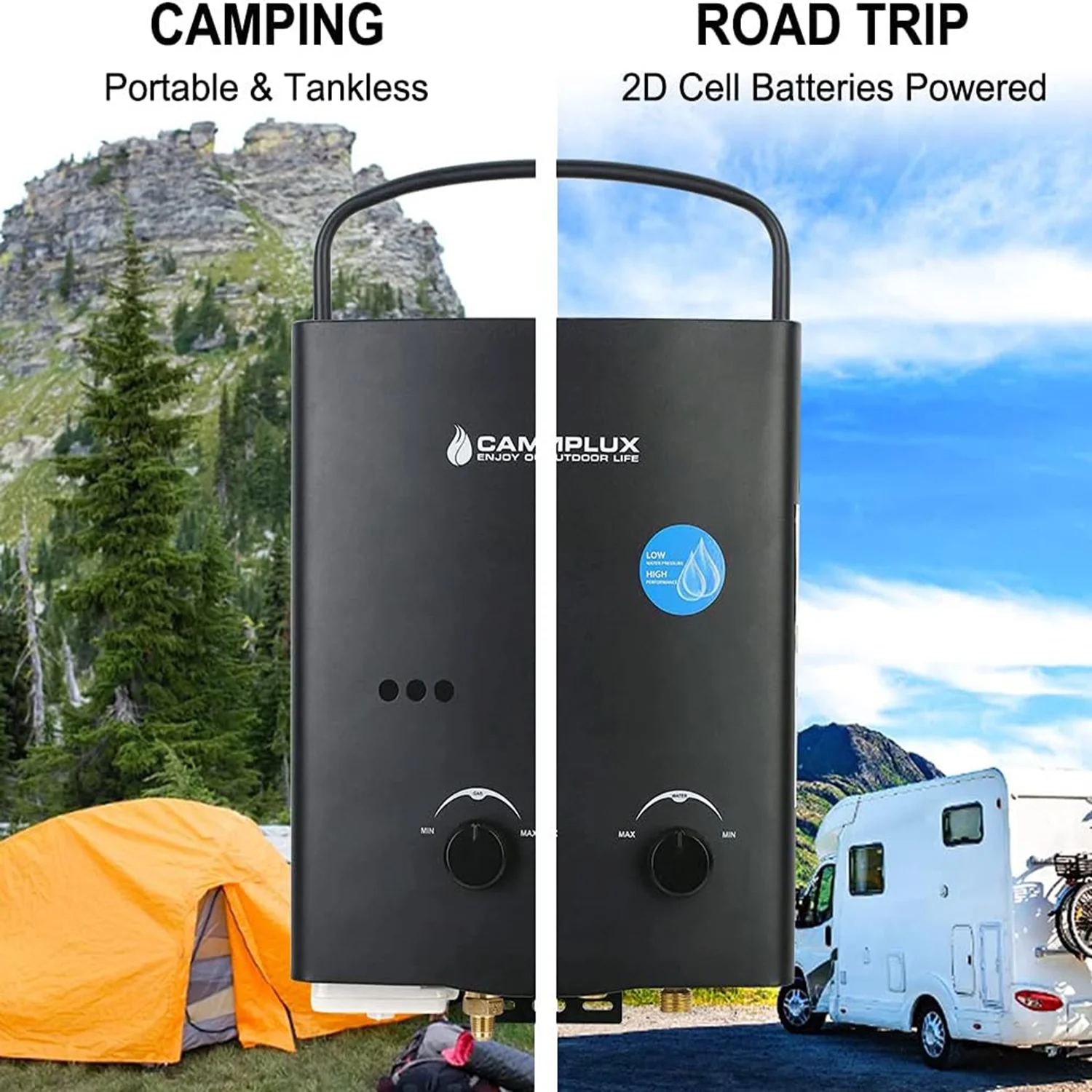 Camplux AY132BP43 Outdoor Portable Propane  Tankless Water Heater with 1.2 V Water Pump Black