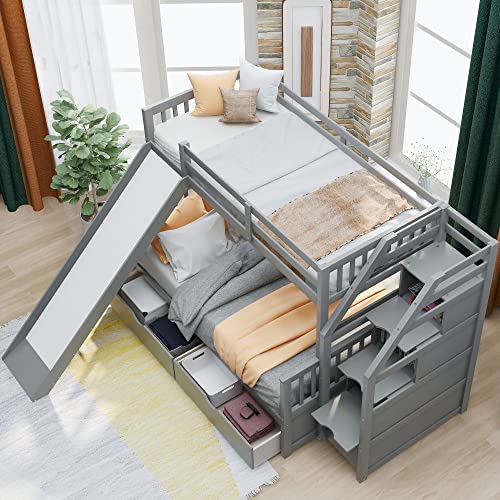 Twin over Full Bunk Bed - Wooden Bunk Bed with Storage Staircase, Drawers and Slide, Multifunction Heavy Duty Bed Frame with Safety High Guardrail