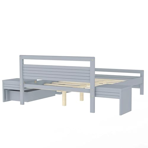 Merax Queen Size Wooden Platform Bed with 2 Storage Drawers and 2 Bedside Tables, Gray