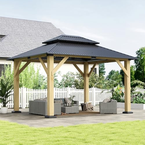 12'x12' Hardtop Gazebo, Outdoor Double Roof Galvanized Steel Gazebos, Aluminum Frame Permanent Pavilion with Curtains & Netting for Backyard, Patio