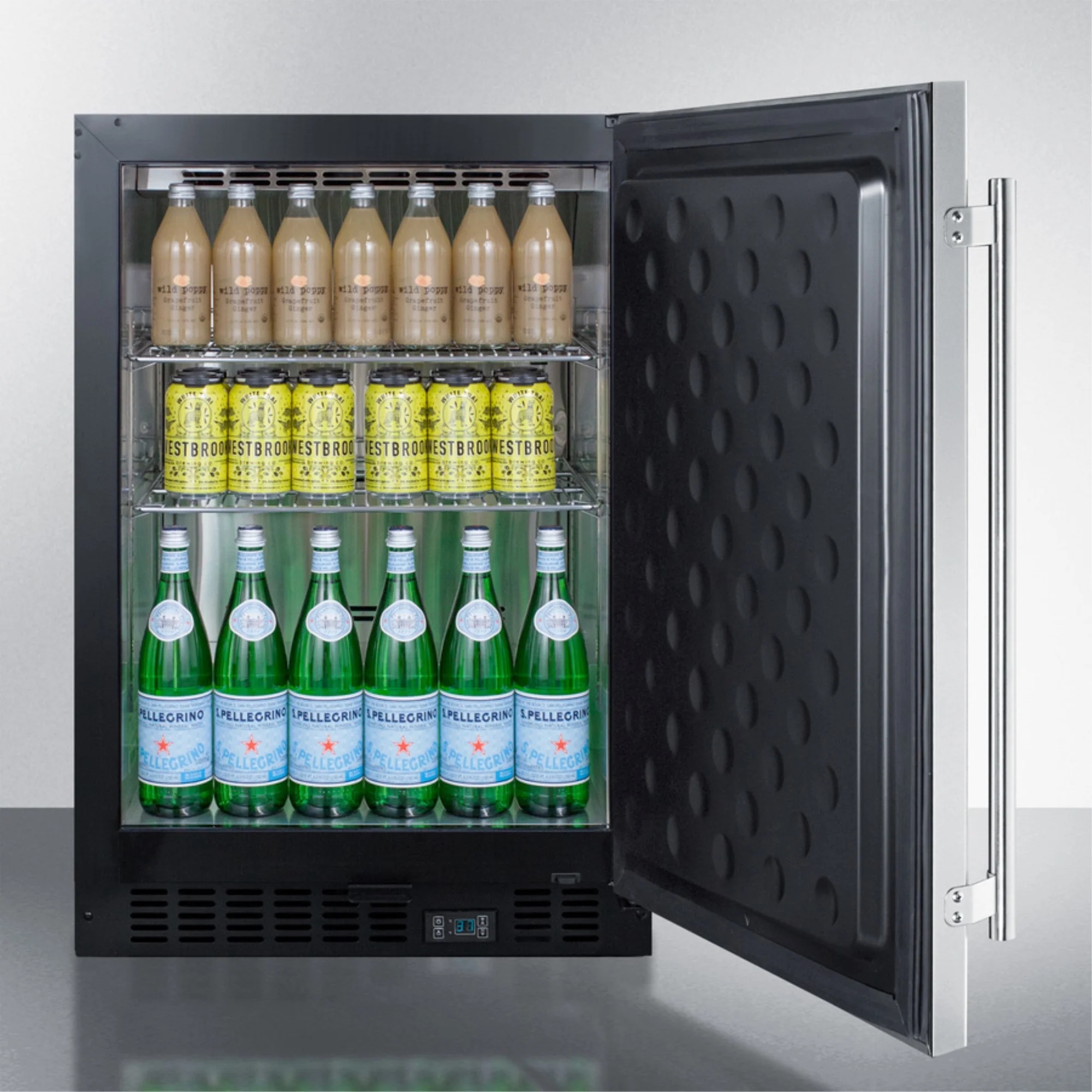 Built-in undercounter commercial refrigerator with SS interior, door, and cabinet