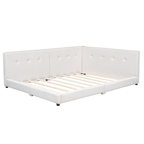 SOFTSEA Full Size Upholstered Floor Daybed, Modern L-Shaped Daybed Corner Bed with USB Ports
