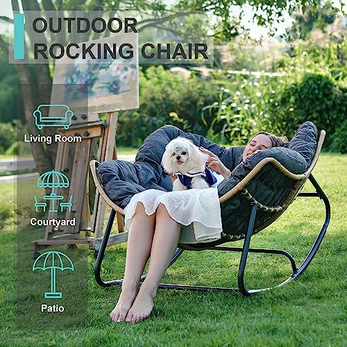 SWITTE Outdoor Rocking Chair, Oversized Patio Papasan Rocker, Comfy Wicker Reading Lounge, Indoor Egg Chair for Bedroom, Living Room, Porch, Garden