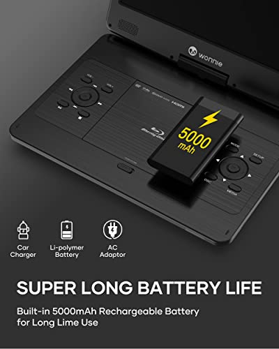 WONNIE 16.9" Portable Blu ray DVD Player with 14.1" 1080P HD Swivel Screen, 4-Hour Rechargeable Battery, Supports HDMI Output, Surround Audio