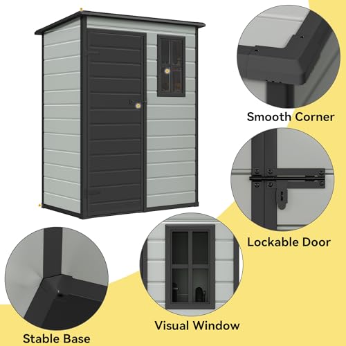DWVO 5x3ft Resin Outdoor Storage Shed with Floor, Waterproof Lockable Storage Shed with Window, Plastic Outside Tool Storage for Garden, Backyard