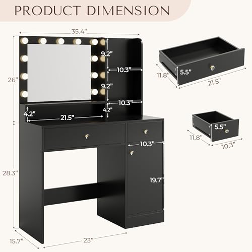 Vanity Desk with Mirror and Lights, Diamond Edition Vanity Desk, Makeup Vanity Table with 3 Drawers & 5 Open Shelves