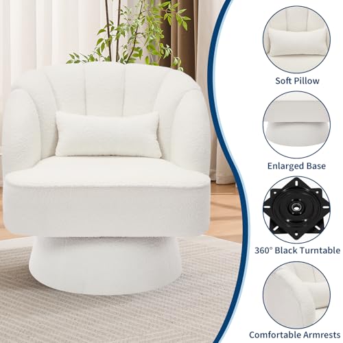 GarveeHome Modern Swivel Barrel Accent Chair, 360° Teddy Fabric Upholstered Armchair with Striped Backrest & Plush Padding