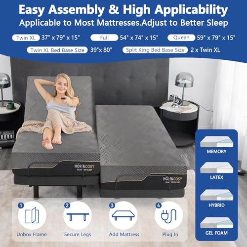 Split King Adjustable Bed Frame with Mattress, 12 Inch Grey Gel Memory Foam Medium-Firm Mattress in Box
