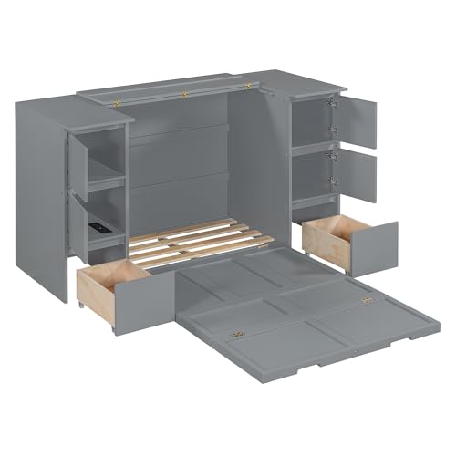 Twin Size Murphy Beds with Charging Station and Storage Drawers, Wood Cabinet Bed Frame, Wall Bed with Outlet & USB Ports for Home Office Studio