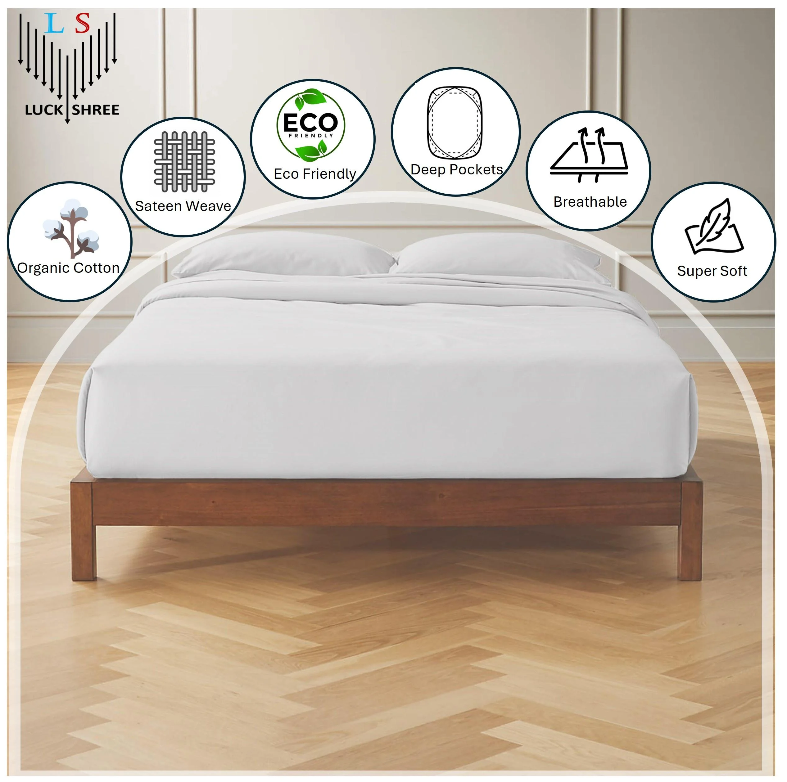 Split Head King 34" Size Organic Cotton Sheet Set- 100% Organic 800-Thread-Count - 18" Deep Pockets 800TC Organic Sheets - White