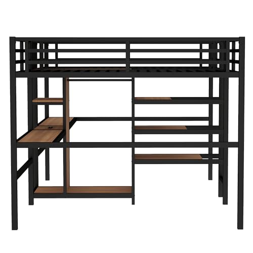 Bellamave Metal Loft Bed with Wardrobe and L-Shaped Desk, Full Size Loft Bed with Storage Cubes and Shelves, Heavy Duty LoftBed for Kids Teens Adults