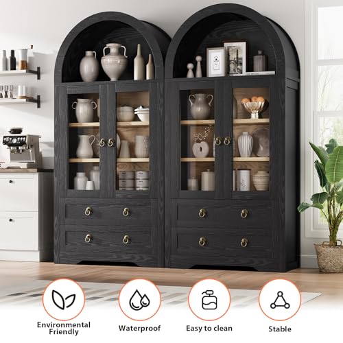 Kitchen Pantry Cabinet, Arched Bookshelf Bookcase China Pantry Storage Cabinet with Drawers Doors and Shelves