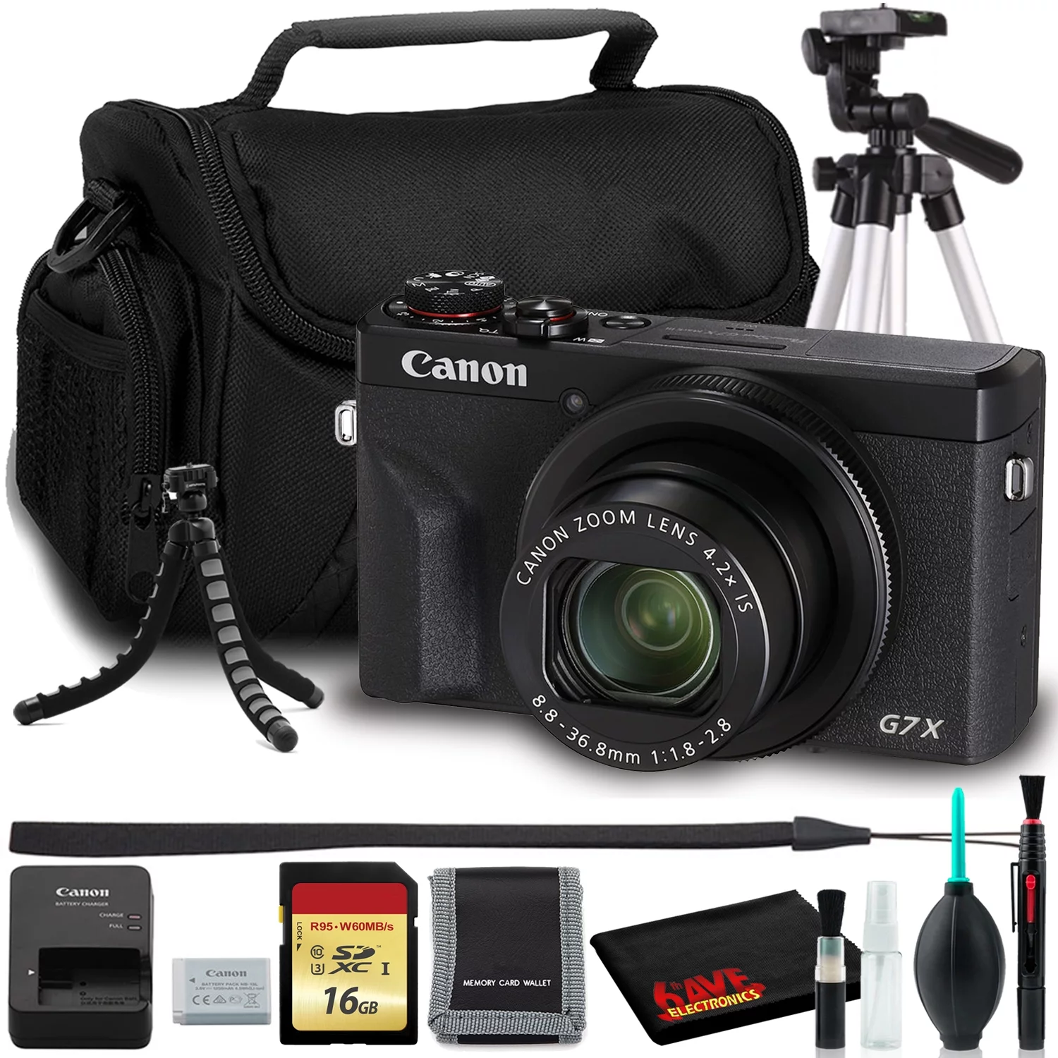Canon PowerShot G7 X Mark III Digital Camera (Black) (Intl Model) Bundle with 16GB SD Card, 57" Tripod, Flexible Tripod, Padded Bag