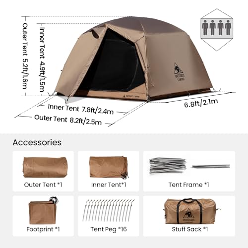 OneTigris JOVIAN 4 Person Camping Tent 3 Season Family Shelter Easy Setup Outdoor Backpacking with 2000mm Outer Rainfly