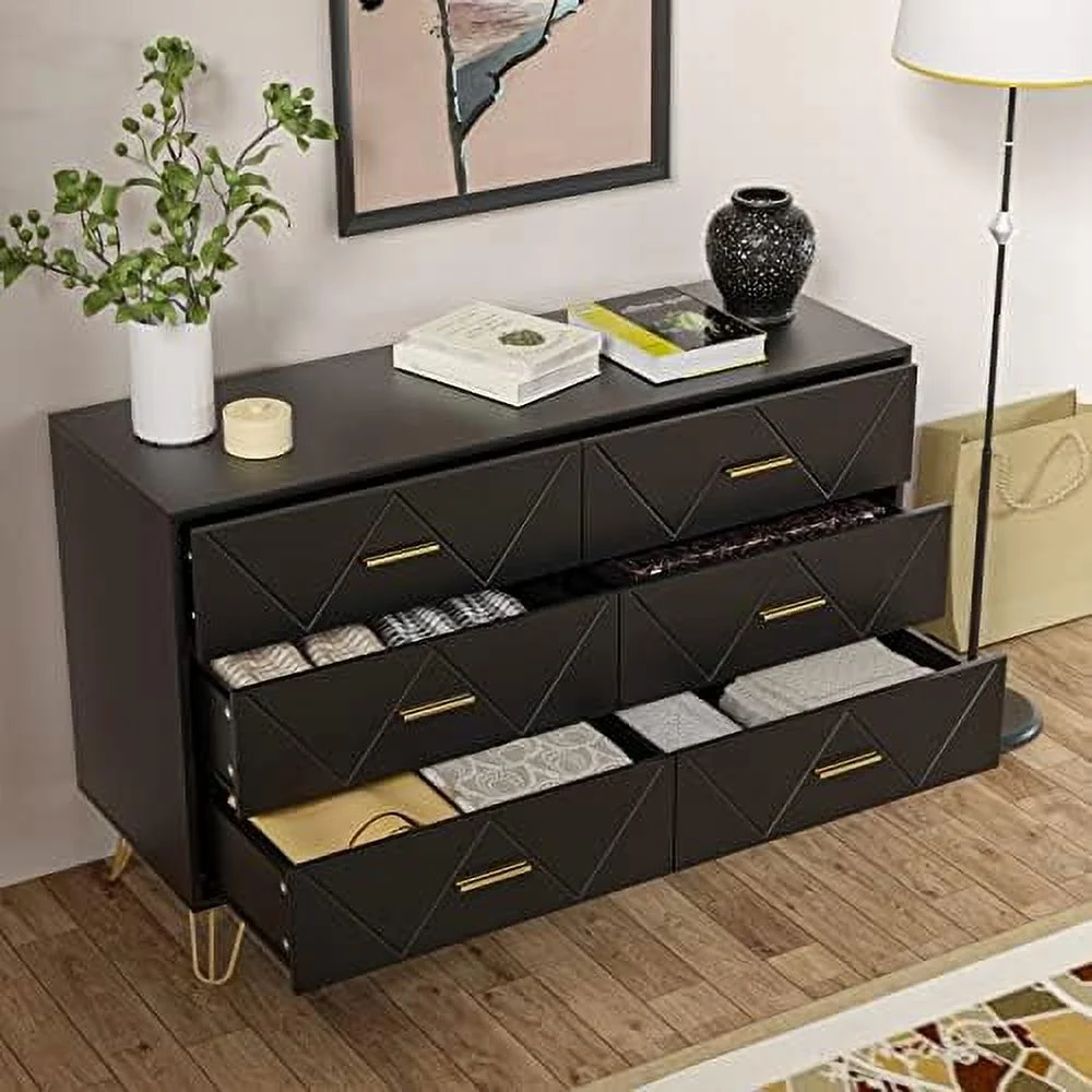 HOOMHIBIU Dresser for Bedroom  6 Drawer Dresser with Sturdy Frame  Wood Rustic Chest for Living Room  Office  Closet (Black)