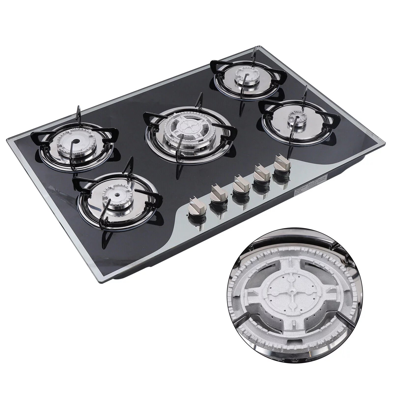 30" Stainless Steel Gas Stove, 5 Burner Built-in Stoves Gas Cooktop Cooker Black, Smooth Surface Automatic Pulse Ignition Countertop Stove