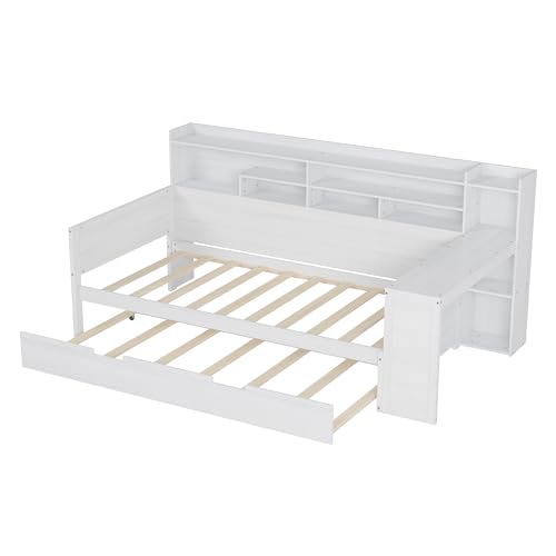 Corner Twin Bed Frame with Bookcase Storage and Desk, Wood Day Beds with 2 Drawers, Twin Size Daybed with Storage for Living Room