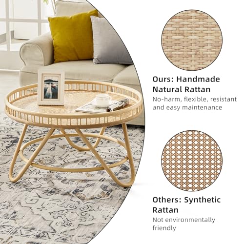 FINECASA Round Rattan Coffee Table, 32'' Wicker Boho Hand-Woven Top