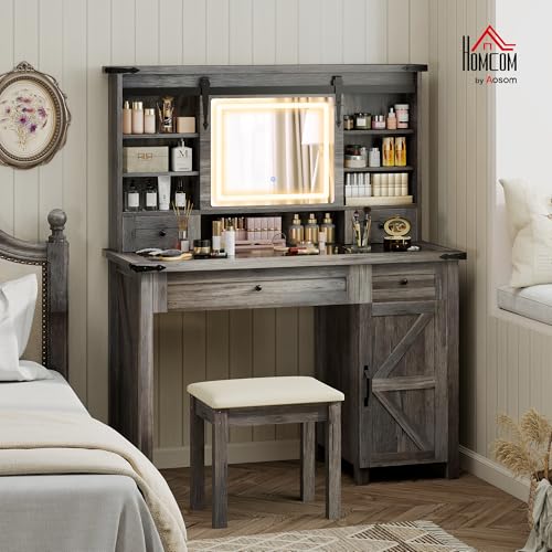 HOMCOM Farmhouse Vanity Desk with Mirror, LED Lights Makeup Vanity Table with 42 Inch Glass Tabletop, Cushioned Stool, Drawers & Shelves & Cabinet