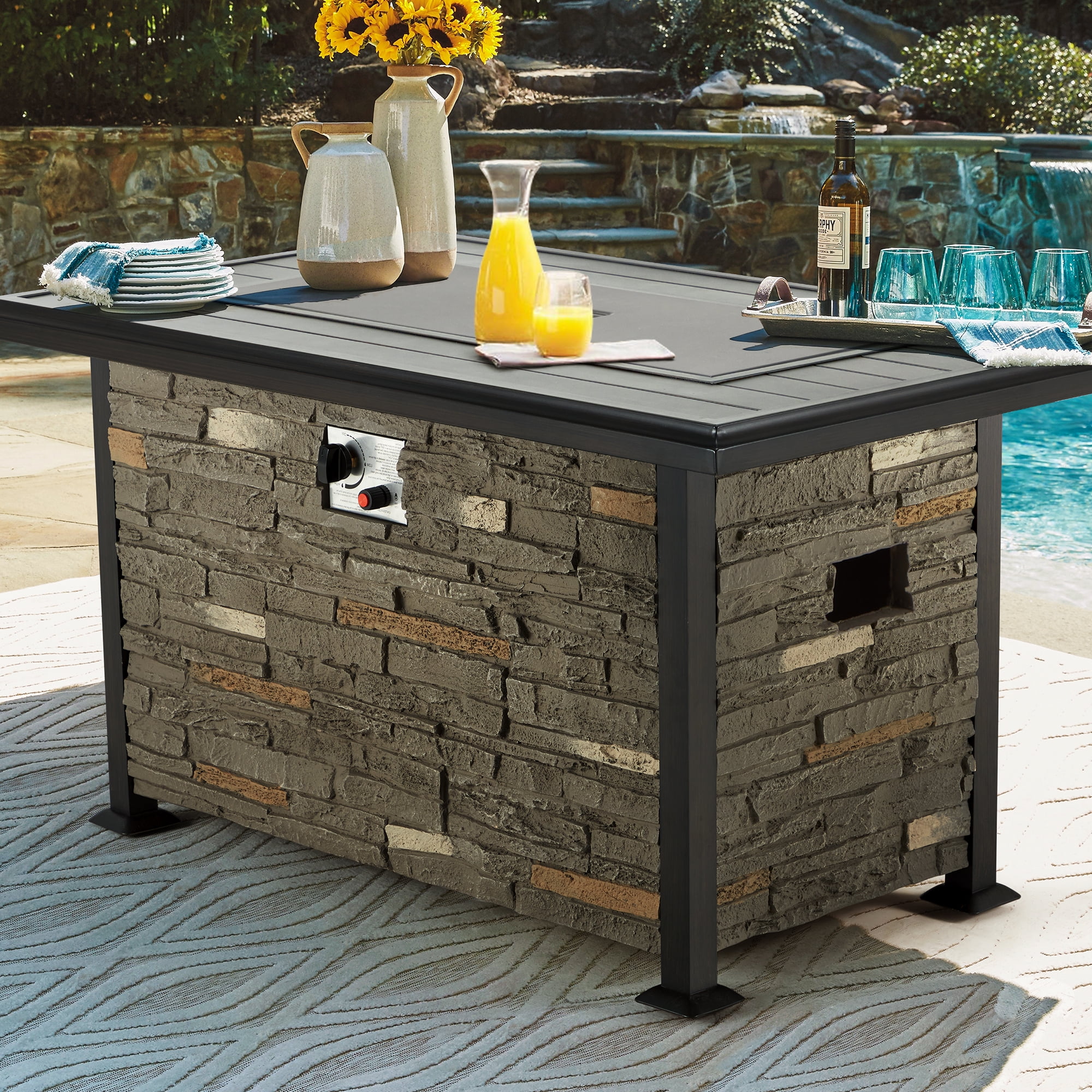 Homrest 44 Inch Aluminum Propane Fire Pit Table w/ Faux Ledgestone, Hand-Painted Table Top, 50,000 BTU Fire Table w/ CSA Certification,Wind Guard