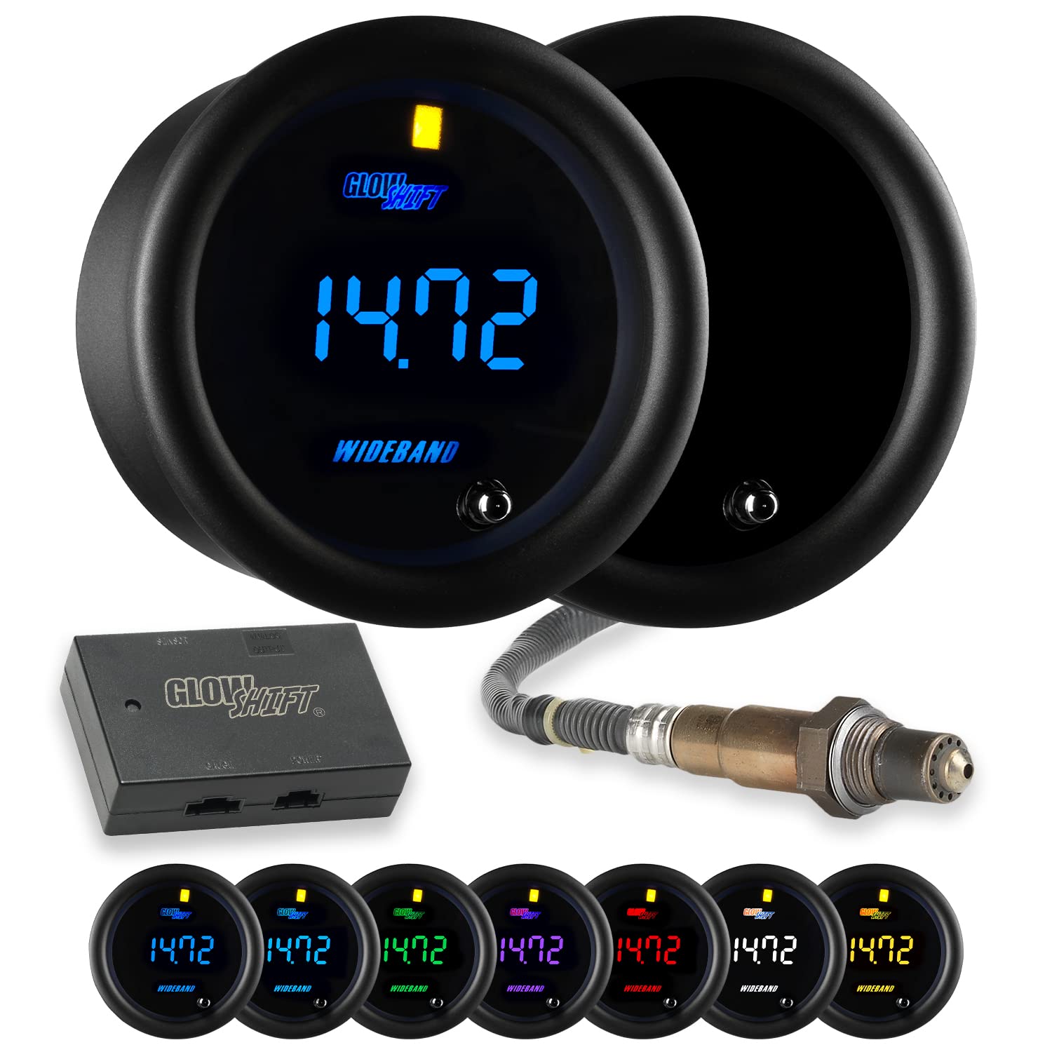 GlowShift Tinted 7 Color Digital Wideband Air / Fuel Ratio AFR Gauge Kit - Includes Oxygen Sensor, Data Logging Output & Weld-in Bung - Smoked Lens