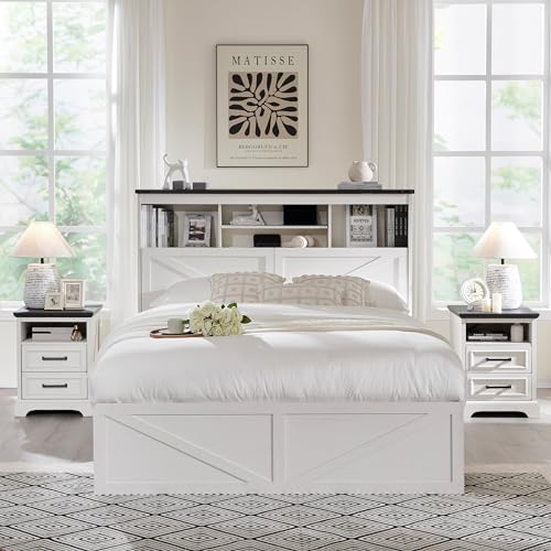 Queen Size Wood Bed Frame Farmhouse with 52" Tall Storage Bookcase Headboard, LED Light,Charging Station,4 Drawers and Solid Wood Slats Support
