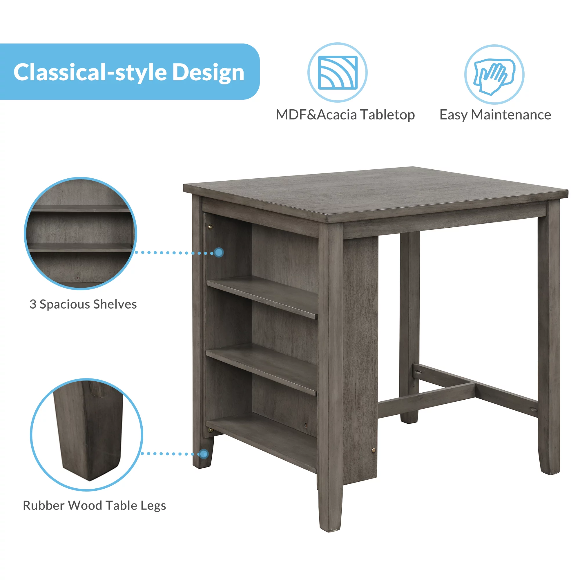 Churanty 3 Piece Wood Dining Table Set for 2,Kitchen Table with Storage Shelf and 2 Padded Counter Height Dining Chairs for Small Place, Gray
