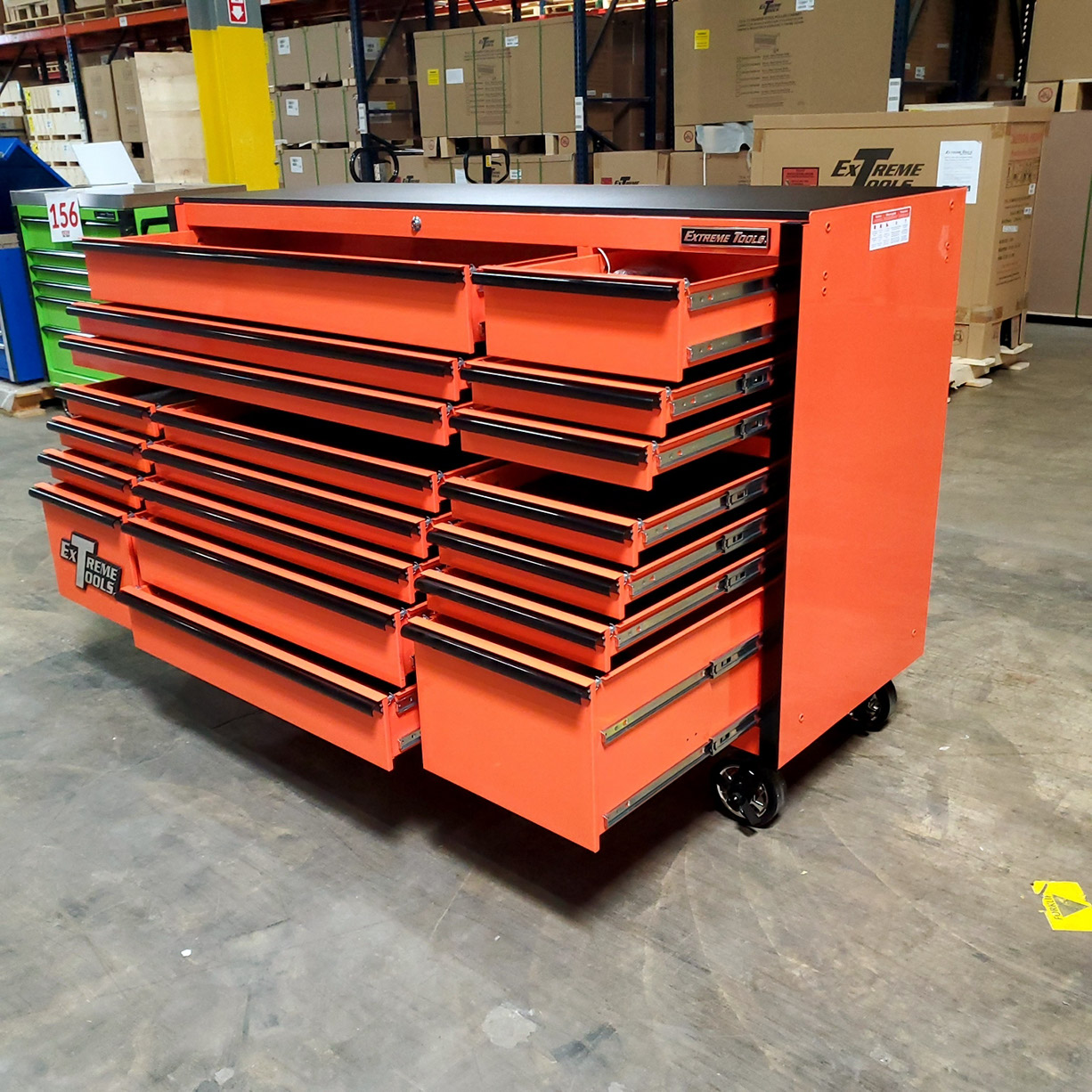 used toolboxScratch & Dent, Extreme Tools RX Series 72 19 Drawers 25 Deep Roller Cabinet, Orange, 150 lbs. Slides C Showroom Demo