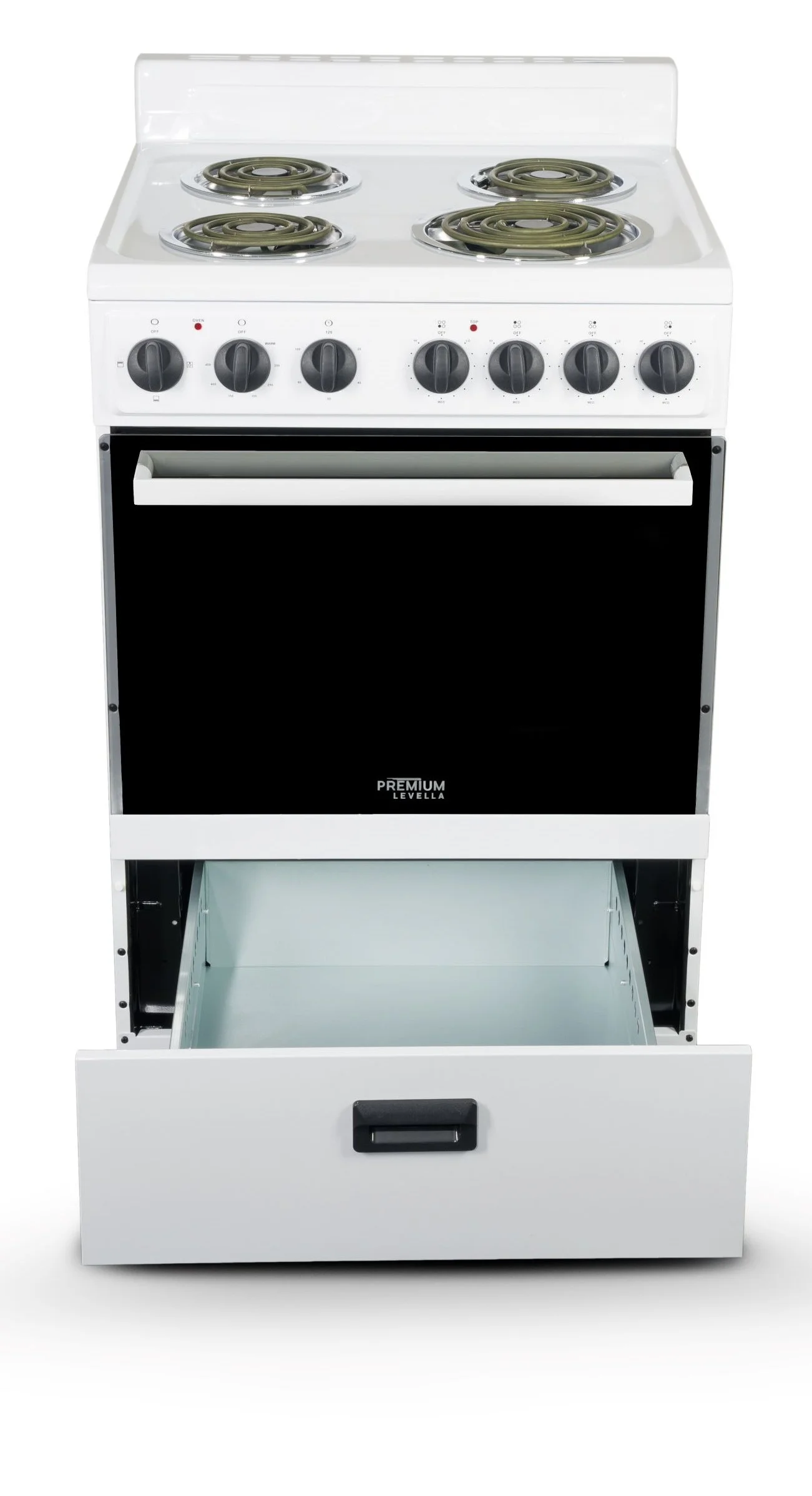 Premium Levella 24 in. 2.7 cu. ft. Single Oven Electric Range with 4 Burners and Storage Drawer in White