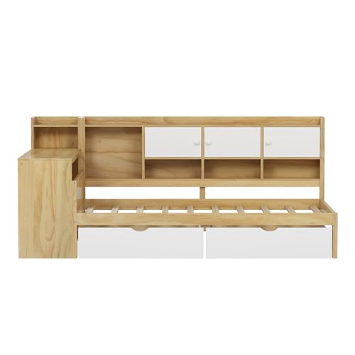 Corner Twin Bed Frame with Bookcase Storage and Desk, Wood Day Beds with 2 Drawers, Twin Size Daybed with Storage for Living Room