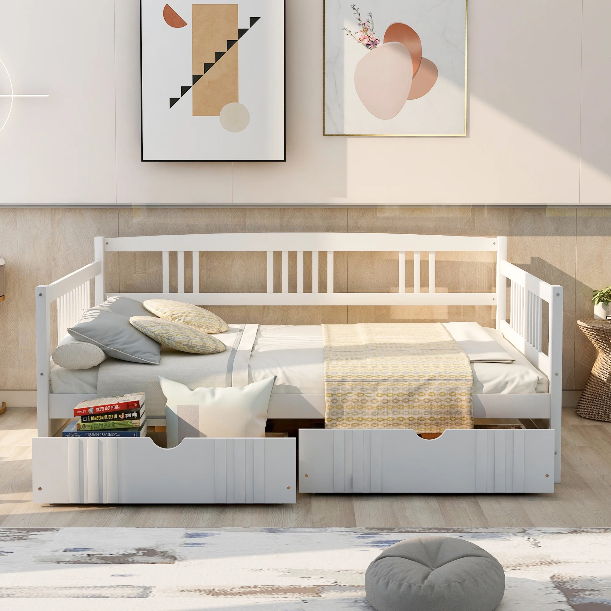 Gewnee Full Size Daybed with Two Storage Drawers,Wooden Sofa Bed for Kid's Bedroom,White
