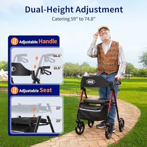 Walkers for Seniors,Foldable Walker with Seat,Rollator Walker with Durable Aluminum,8" Big Wheels for All Terrain, Ergonomic Seat and Backrest