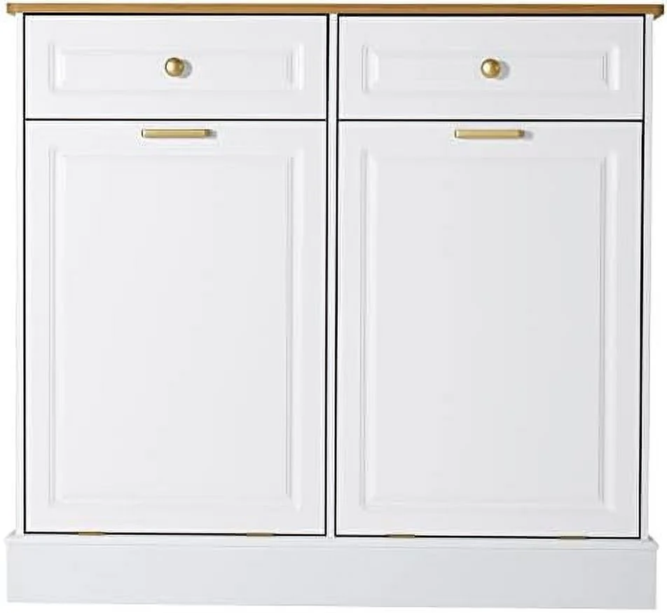 HOOMHIBIU Double Barn Door Style Trash Cabinet  Double Tilt Out Trash Cabinet with Solid Hideaway Drawer Rustic Kitchen Trash Cabinet Free Standing