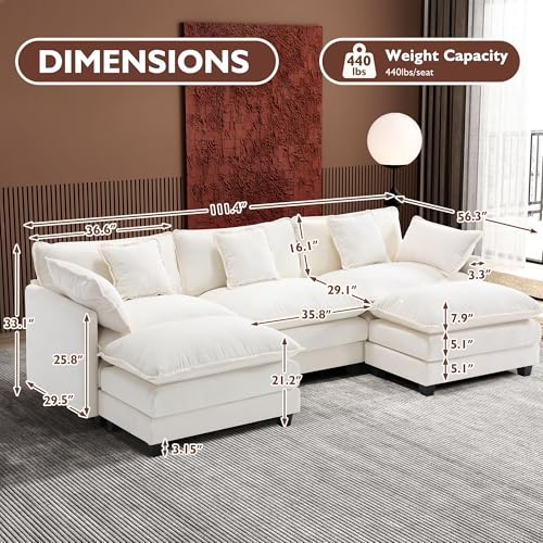 Ihanherry 111.4" U Shaped Modern Cloud Sofa Modular Sectional Couch with 2 Ottoman, 5-Seat Chenille Deep Seat Sofa with Pillow for Living Room