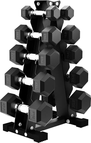 BalanceFrom Rubber Coated Hex Dumbbell Weight Set with Storage Rack, 100LB or 150LB or 200LB Set, 5-20 lbs or 5-25 lbs or 10-30 lbs Pairs
