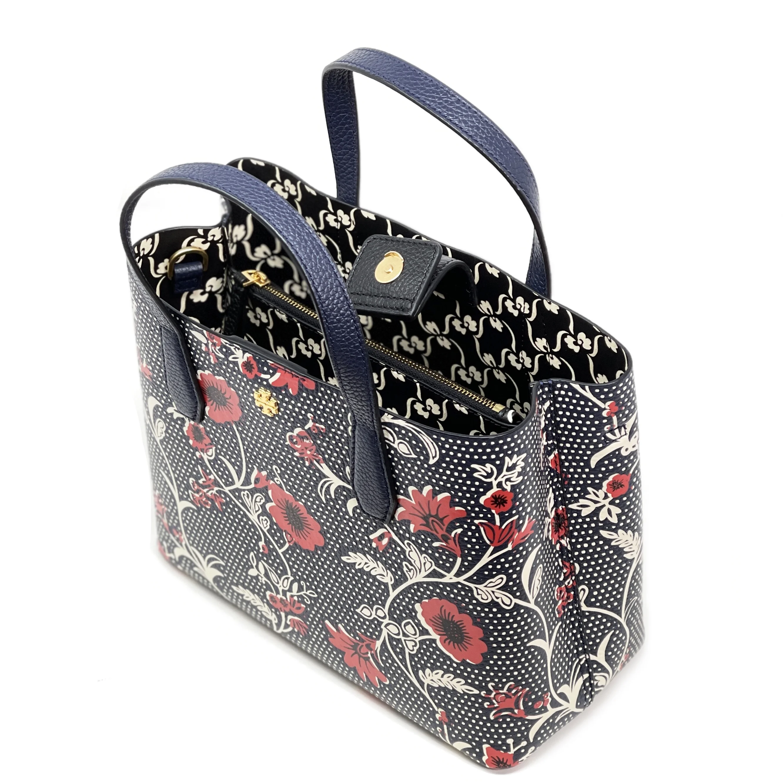 Tory Burch Women's Blake Printed Pebbled Leather Small Tote (Navy Red)