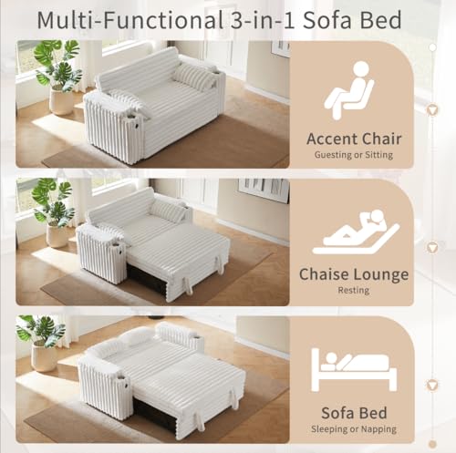 68.11" Corduroy Sleeper Chair Bed with USB Port, Cup Holders & Side Storage Pockets – 3-in-1 Foldable Sofa Bed for Guest Room, Living Room – White