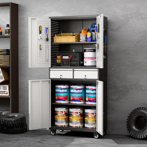 Aobabo 71" H×32" W×16" D Metal Storage Cabinet with Wheels, Garage Steel Storage Cabinet with 5 Adjustable Shelves and 4 Hooks for Home Office