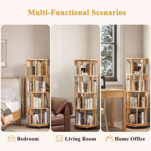 6 Tier Rotating Bookshelf Tower Spinning Bookshelf with Swivel Wheels Book Shelf Rotating Storage Tower for Kids Adult Narrow Walnut Solid Wood