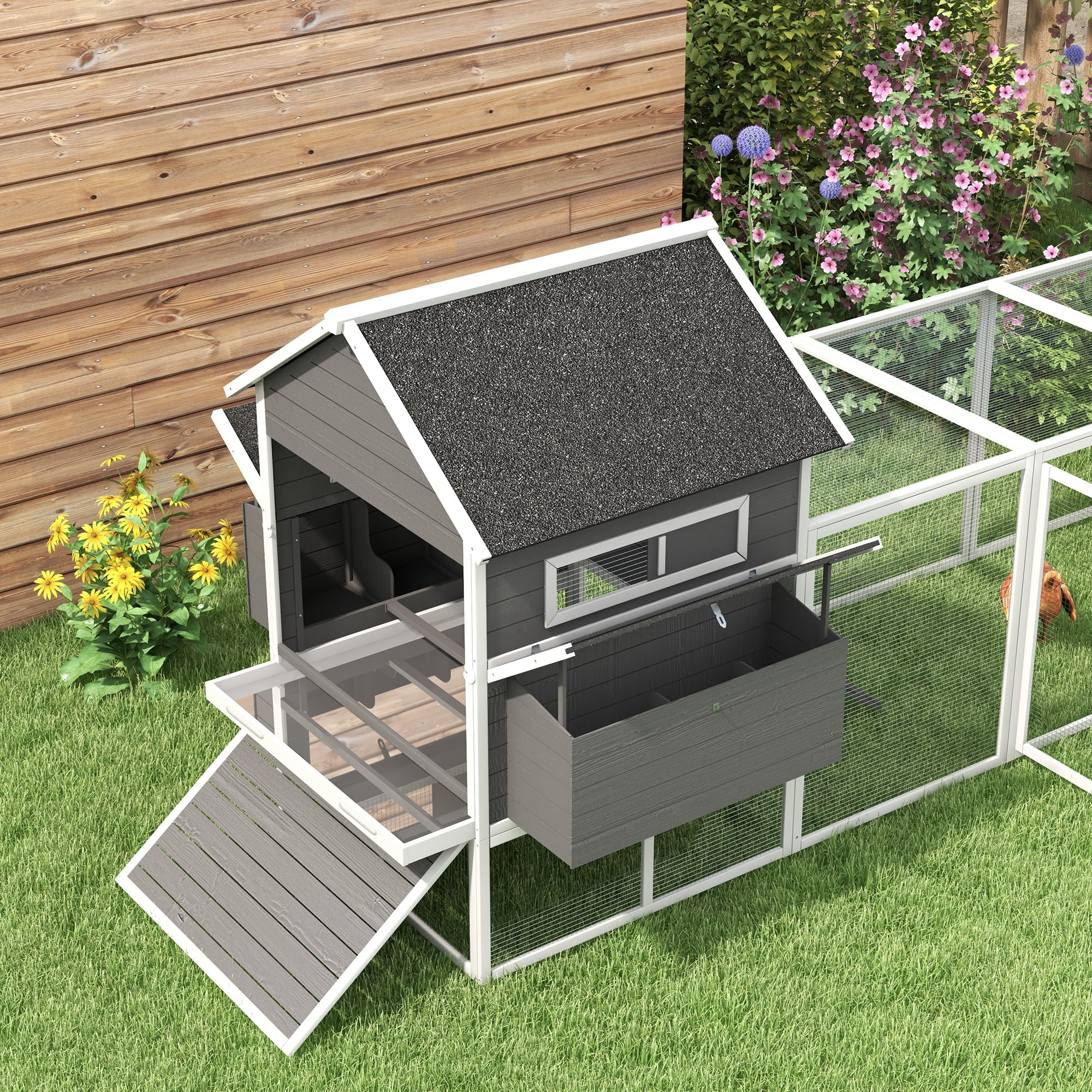 PawHut 137" Wooden Chicken Coop for 8-10 Chickens, Backyard, Gray - Curated Treasures Market