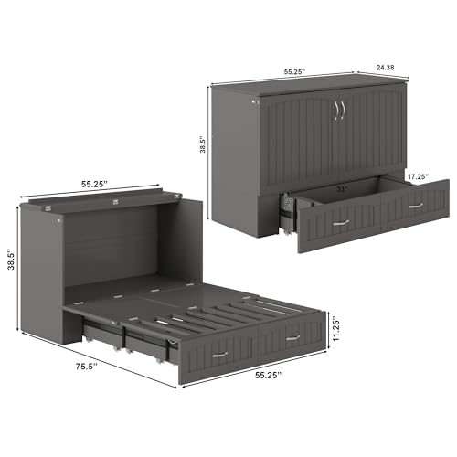 AFI Southampton Queen Murphy Bed Chest with Mattress, Storage, and Built-in Charger in Grey